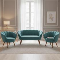 Kit Namoradeira + 2 Poltronas Decorativa Pétala Veludo Azul Turquesa Pés Madeira Mz Decor