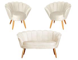 Kit Namoradeira + 2 Poltronas Decorativa Pétala Veludo Bege Pés Madeira Ms Decor