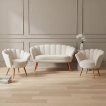 Kit Namoradeira + 2 Poltronas Decorativa Pétala Veludo Bege Pés Madeira Mz Decor