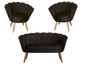 Kit Namoradeira + 2 Poltronas Decorativa Pétala Veludo Marrom Pés Madeira Ms Decor