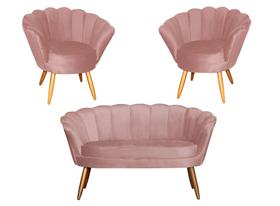 Kit Namoradeira + 2 Poltronas Decorativa Pétala Veludo Rosa Pés Madeira Ms Decor
