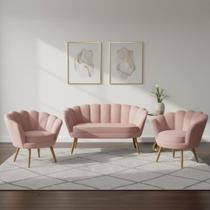 Kit Namoradeira + 2 Poltronas Decorativa Pétala Veludo Rosa Pés Madeira Mz Decor