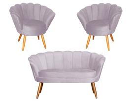 Kit Namoradeira + 2 Poltronas Decorativa Pétala Veludo Rosê Pés Madeira Ms Decor