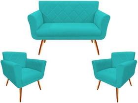 Kit Namoradeira + 2 Poltronas Decorativa Sabrina Suede Azul Turquesa Pés Madeira Mz Decor Kit Namoradeira + 2 Poltronas Decorativa Sabrina Suede Azul Turquesa Pés Madeira Mz Decor