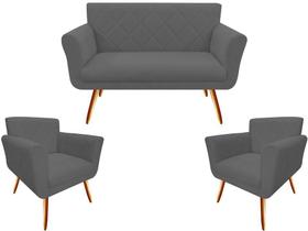 Kit Namoradeira + 2 Poltronas Decorativa Sabrina Suede Cinza Pés Madeira Mz Decor
