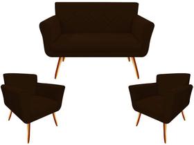 Kit Namoradeira + 2 Poltronas Decorativa Sabrina Suede Marrom Pés Madeira Mz Decor Kit Namoradeira + 2 Poltronas Decorativa Sabrina Suede Marrom Pés Madeira Mz Decor