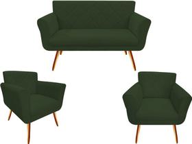 Kit Namoradeira + 2 Poltronas Decorativa Sabrina Suede Verde Pés Madeira Ms Decor