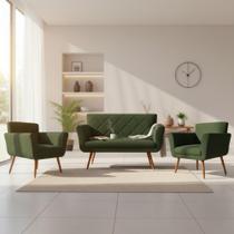 Kit Namoradeira + 2 Poltronas Decorativa Sabrina Suede Verde Pés Madeira Ms Decor Kit Namoradeira + 2 Poltronas Decorativa Sabrina Suede Verde Pés Madeira Ms Decor