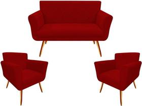 Kit Namoradeira + 2 Poltronas Decorativa Sabrina Suede Vermelho Pés Madeira Mz Decor