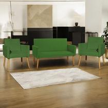 Kit Namoradeira + 2 Poltronas Decorativas Para Sala Nina Suede Cores Pé Castanho