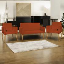 Kit Namoradeira + 2 Poltronas Decorativas Para Sala Nina Suede Cores Pé Castanho Kit Namoradeira + 2 Poltronas Decorativas Para Sala Nina Suede Cores Pé Castanho