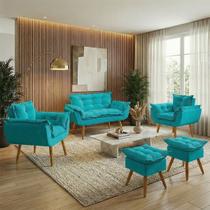 Kit Namoradeira 2 Poltronas e 2 Puffs Decorativo Confortável Para Sala Recepção Manicure Consultório Alice Suede