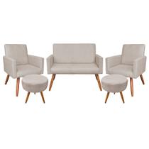 Kit Namoradeira 2 Poltronas e 2 Puffs Redondo Nina Suede Bege Pés Palito Castanho - Pallazio