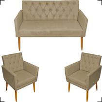 Kit Namoradeira + 4 Poltronas Para Sala Decorativas Nina Com Base E Capitonê Suede Cores Pé Castanho - Clique E Decore