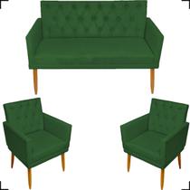 Kit Namoradeira + 4 Poltronas Para Sala Decorativas Nina Com Base E Capitonê Suede Cores Pé Castanho - Clique E Decore