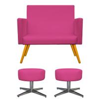 Kit Namoradeira Arenzza e 02 Puffs Sofia Base Giratória de Metal Corano Pink - DAMAFFÊ MÓVEIS