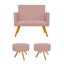 Kit Namoradeira Beatriz e 02 Puffs Sofia Base Giratória de Madeira Sala de Espera Recepção Decor Suede Rosê