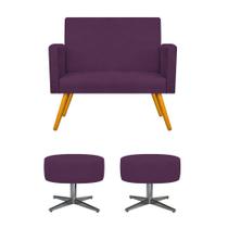 Kit Namoradeira Beatriz e 02 Puffs Sofia Base Giratória de Metal Recepção Sala de Espera Decor Suede Roxo