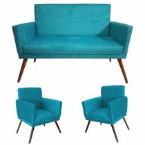 Kit Namoradeira Com 02 Poltronas Decorativa Nina Rodapé Suede Azul Turquesa - DS Móveis