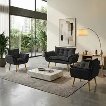 Kit Namoradeira Decorativa Para Sala + 2 Poltronas Reforçadas Para Amamentação Alice Suede Cores Pé Castanho