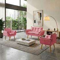 Kit Namoradeira Decorativa Para Sala + 2 Poltronas Reforçadas Para Amamentação Alice Suede Cores Pé Castanho