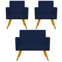 Kit Namoradeira e 02 Poltronas Arenzza Palito Mel Suede Azul Marinho - DAMAFFÊ MÓVEIS