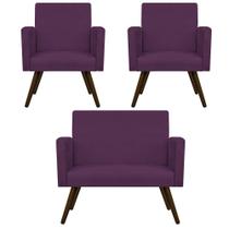 Kit Namoradeira e 02 Poltronas Arenzza Palito Tabaco Suede Roxo - DAMAFFÊ MÓVEIS