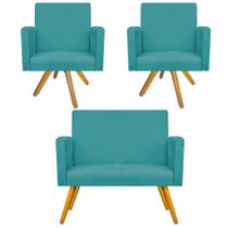 Kit Namoradeira e 02 Poltronas Beatriz Base Giratória de Madeira Sala de Estar Decor Recepção Suede Azul Turquesa