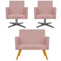 Kit Namoradeira e 02 Poltronas Beatriz Base Giratória de Metal Suede Rosê - DAMAFFÊ MÓVEIS Kit Namoradeira e 02 Poltronas Beatriz Base Giratória de Metal Suede Rosê - DAMAFFÊ MÓVEIS