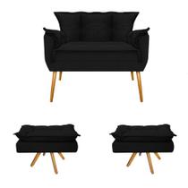 Kit Namoradeira e 02 Puff Opala Base Giratória de Madeira Sala de Estar Suede Preto