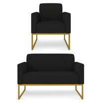 Kit Namoradeira e 1 Poltrona Decorativa Base Industrial Dourada Maressa A79 Linho Preto - Ibiza Kit Namoradeira e 1 Poltrona Decorativa Base Industrial Dourada Maressa A79 Linho Preto - Ibiza