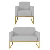 Kit Namoradeira e 1 Poltrona Decorativa Base Industrial Dourada Maressa S10 Suede Cinza - Ibiza