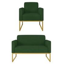 Kit Namoradeira e 1 Poltrona Decorativa Base Industrial Dourada Maressa S23 Suede Verde - Ibiza Kit Namoradeira e 1 Poltrona Decorativa Base Industrial Dourada Maressa S23 Suede Verde - Ibiza