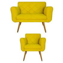 Kit Namoradeira e 1 Poltrona Estofada Para Sala de Tv Isabella Suede Amarelo - LM DECOR