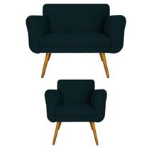 Kit Namoradeira e 1 Poltrona Estofada Para Sala de Tv Isabella Suede Azul Marinho - LM DECOR