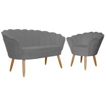 Kit Namoradeira e 1 Poltrona Pétala Decorativa Veludo Cinza - Montanaris Decor