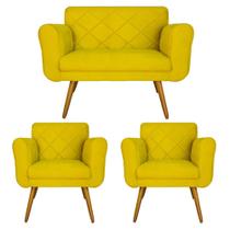 Kit Namoradeira e 2 Poltrona Decorativa Sala Comercial Isabella Suede Amarelo - LM DECOR