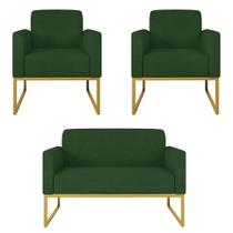 Kit Namoradeira e 2 Poltronas Decorativas Base Industrial Dourada Maressa S23 Suede Verde - Ibiza Kit Namoradeira e 2 Poltronas Decorativas Base Industrial Dourada Maressa S23 Suede Verde - Ibiza