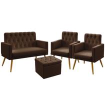 Kit Namoradeira e 2 Poltronas Estofada Sala De Estar Nina Rodapé e Puff Quasar Botões Couro Marrom Aradecor