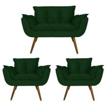 Kit Namoradeira e 2 Poltronas Estofadas Hall de Entrada Opala Suede Verde - LM DECOR Kit Namoradeira e 2 Poltronas Estofadas Hall de Entrada Opala Suede Verde - LM DECOR