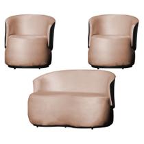 Kit Namoradeira e 2 Poltronas Orgânica Aisha Veludo Rosa Nude Composê Corano Preto - MB DECOR