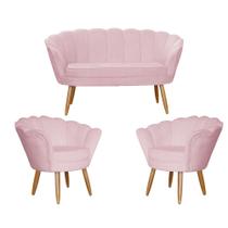 Kit Namoradeira e 2 Poltronas Pétala Decorativa Veludo Rosa - Montanaris Decor