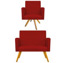 Kit Namoradeira e Poltrona Beatriz Base Giratória de Madeira Suede Vermelho - DAMAFFÊ MÓVEIS