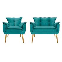 Kit Namoradeira e Poltrona Decorativa Apolo Pés Palito Mel Suede Turquesa - DAMAFFÊ MÓVEIS