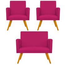Kit Namoradeira Nina e 2 Poltronas Decorativas Nina Pés Palito Sala de Estar material sintético Pink