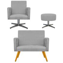 Kit Namoradeira, Poltrona Arenzza e Puff Sofia Base Giratória de Metal Suede Cinza - DAMAFFÊ MÓVEIS
