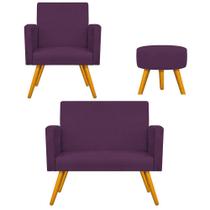 Kit Namoradeira, Poltrona Arenzza e Puff Sofia Palito Mel Sala de Espera Suede Roxo - DAMAFFÊ MÓVEIS