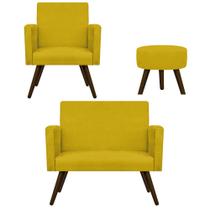 Kit Namoradeira, Poltrona Arenzza e Puff Sofia Palito Tabaco Sala de Espera Suede Amarelo - DAMAFFÊ MÓVEIS Kit Namoradeira, Poltrona Arenzza e Puff Sofia Palito Tabaco Sala de Espera Suede Amarelo - DAMAFFÊ MÓVEIS
