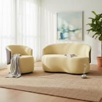 Kit Namoradeira + Poltrona Decorativa Beatriz Orgânica Composê Couro Marrom Couro Amarelo Ms Decor