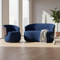 Kit Namoradeira + Poltrona Decorativa Beatriz Orgânica Composê Couro Marrom Couro Azul Marinho Ms Decor